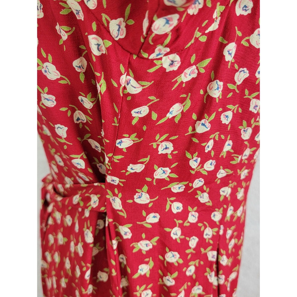 Vintage Sara Campbell Red Floral Midi Dress Petite 8P Button Front Rayon - Picture 8 of 14